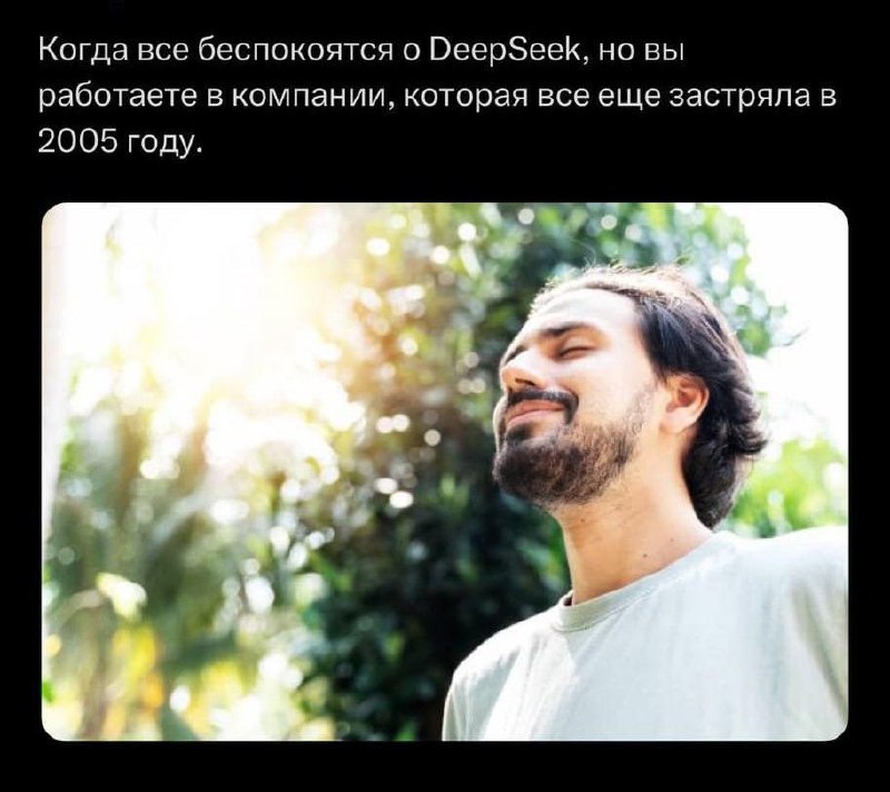 Когда все беспокоятся о DeepSeek Мужчина с закрытыми глазами и бородой, который выглядит умиротворенным. Над изображением есть надпись о том, что другие беспокоятся о DeepSeek, но он работает в компании, застрявшей в 2005 году.