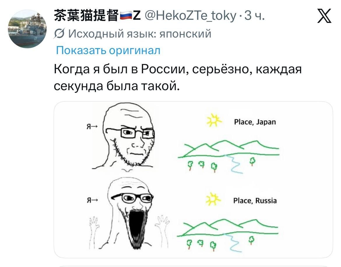 Скриншот поста в X с мемом: персонаж сравнивает спокойный пейзаж в Японии и такой же пейзаж в России, реагируя на Россию с диким восторгом.
