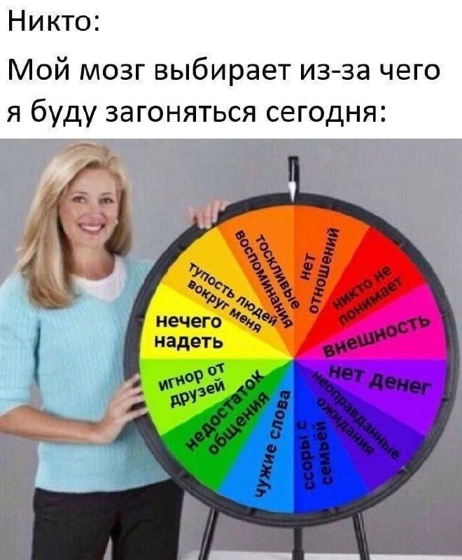 Колесо фортуны моего мозга Мем про колесо фортуны, где мозг выбирает, из-за чего сегодня загоняться