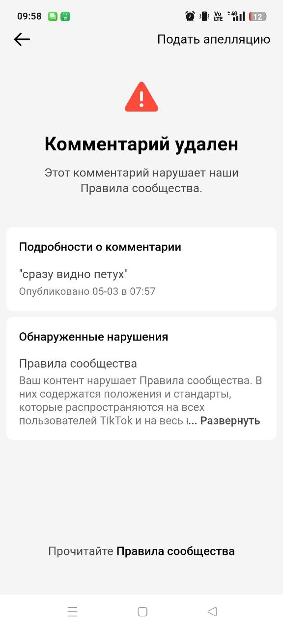 Комментарий удален TikTok "сразу видно петух" Удалённый комментарий в TikTok со словами "сразу видно петух" и уведомление о нарушении правил сообщества
