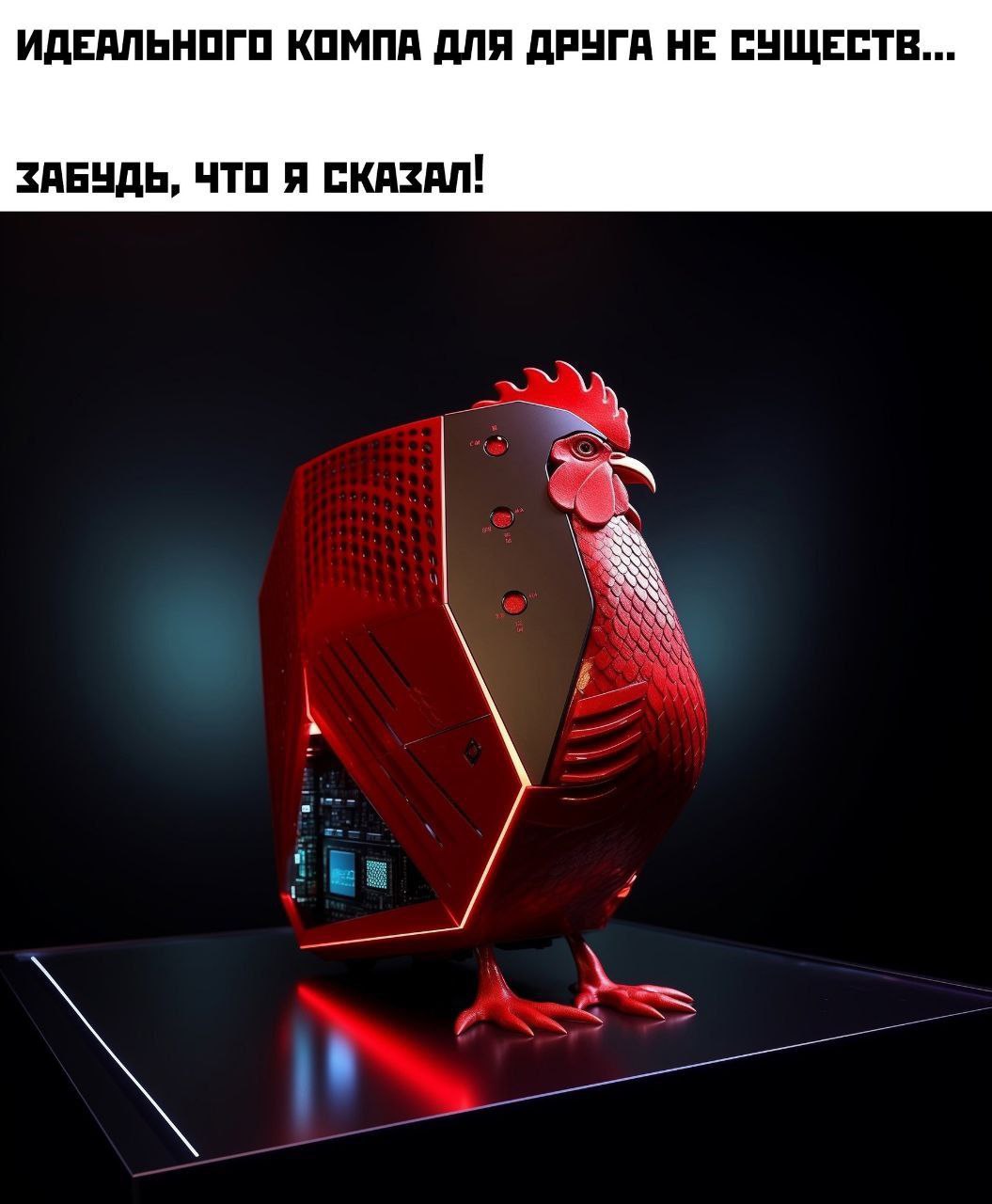 Идеального компа для друга не существ... Забудь, что я сказал! Мем с изображением компьютера в форме красного петуха и надписью «Идеального компа для друга не существ... Забудь, что я сказал!»