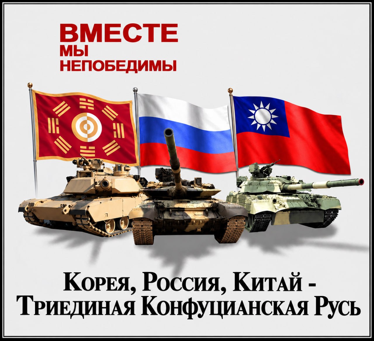 Три танка под флагами Кореи, России и Китая с надписью «Вместе мы непобедимы» и лозунгом о триединой конфуцианской Руси.