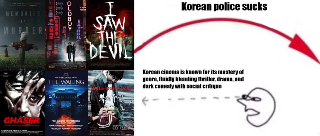Корейское кино известно своим мастерством жанра, искусно сочетая триллер, драму и темную комедию с социальной критикой, высмеивающей некомпетентность полиции.