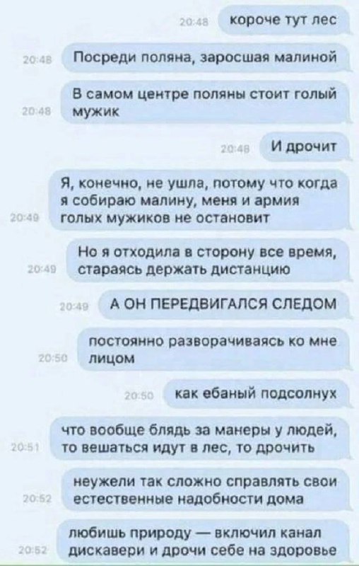 Короче тут лес, посреди поляна, заросшая малиной Переписка о том, как человек пошёл собирать малину в лесу и встретил голого мужчину, который дрочил, а потом начал преследовать его, разворачиваясь лицом, как ебаный подсолнух