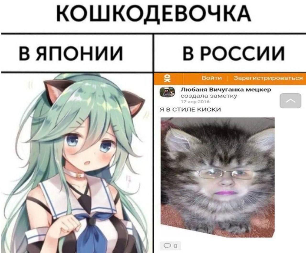 Кошкодевочка в Японии и в России Мем "Кошкодевочка: в Японии и в России" сравнивает аниме-образ кошкодевочки с русским представлением о "киске" из соцсети.