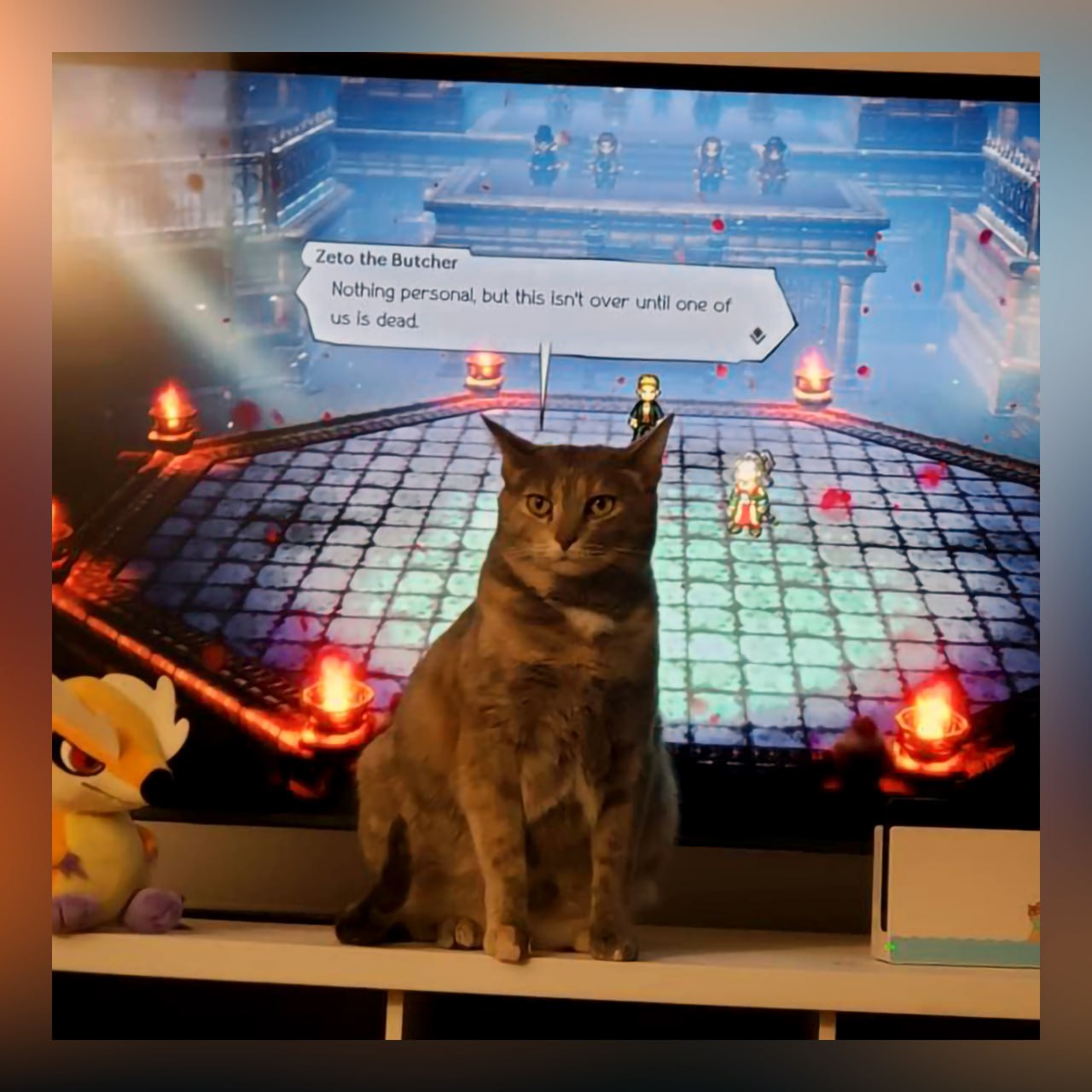 Кот перед монитором в виде Кота Мясника из игры На картинке изображён кот, который сидит перед монитором, на котором видна игра, и кажется, что он является персонажем игры Котом Мясником, так как надпись над ним гласит: «Зето Мясник. Ничего личного, но это не закончится, пока один из нас не умрёт».