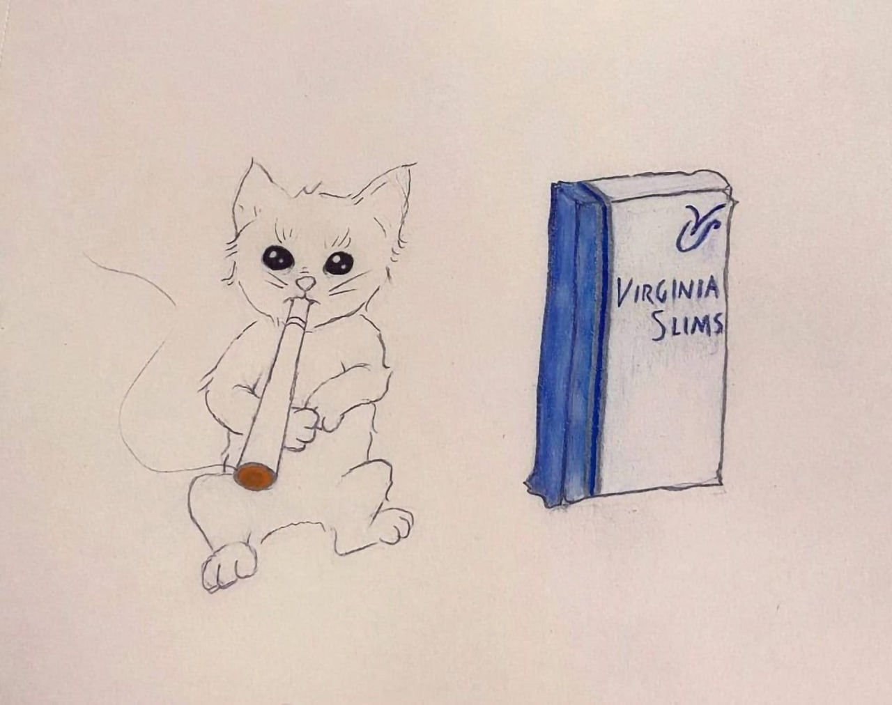 Котёнок с сигаретой Virginia Slims Милый котик с сигаретой Virginia Slims нарисованный в стиле скетча.