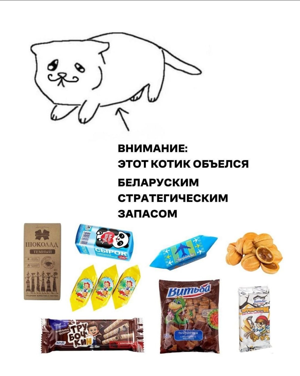 Толстый котик объелся белорусскими сладостями из стратегического запаса