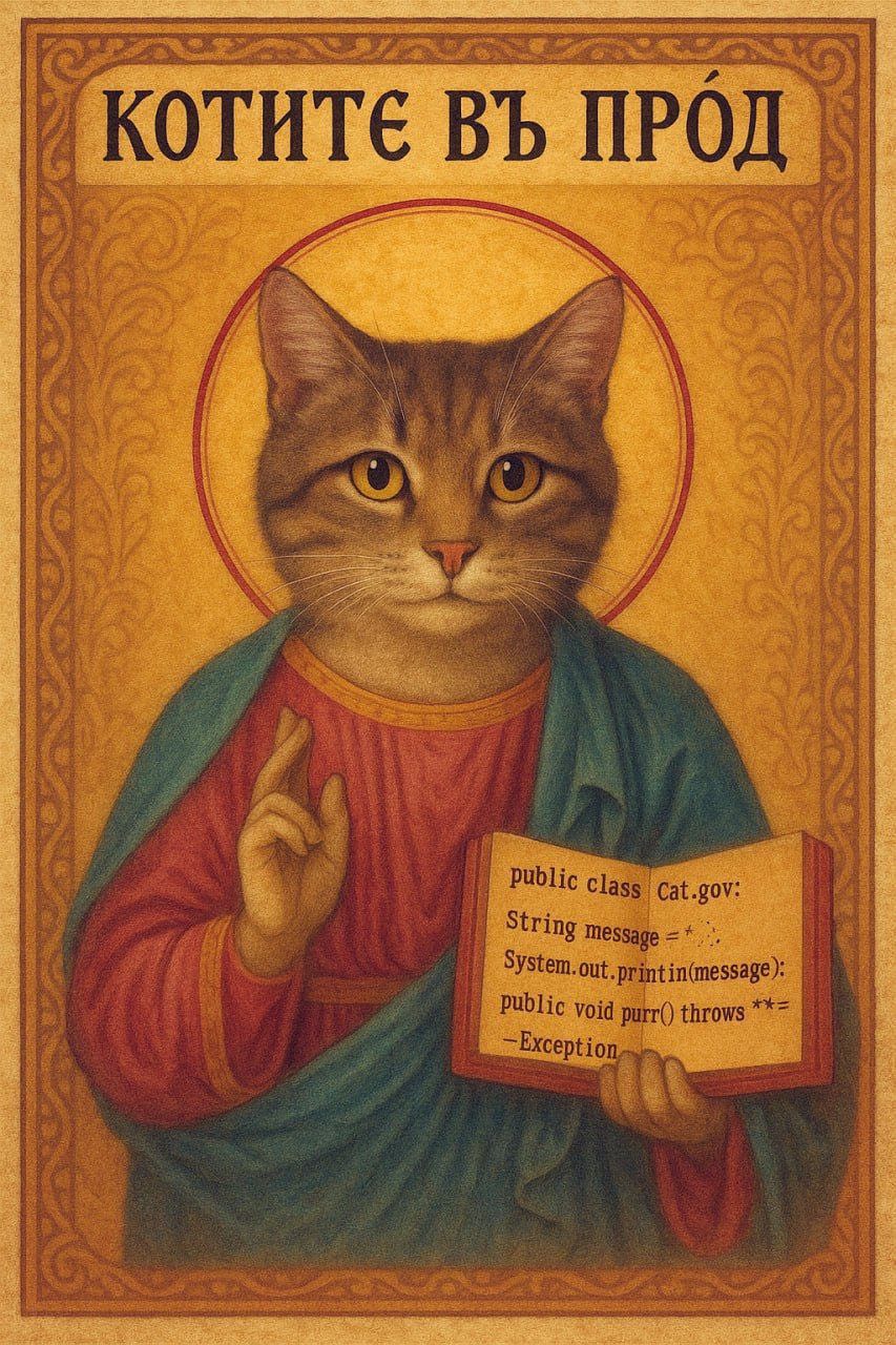 Котите в прод Мем с котом в образе иконы с надписью «Котите в прод»