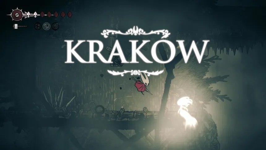 KRAKOW из Hollow Knight Мем с надписью KRAKOW, стилизованной под экран загрузки локации из игры Hollow Knight