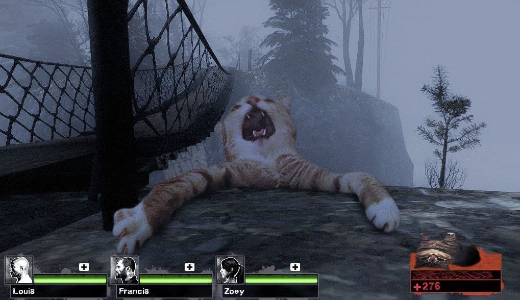 Крик кота Left 4 Dead Мем с котом, широко разинувшим пасть и вытянувшим лапы, на фоне игрового мира Left 4 Dead