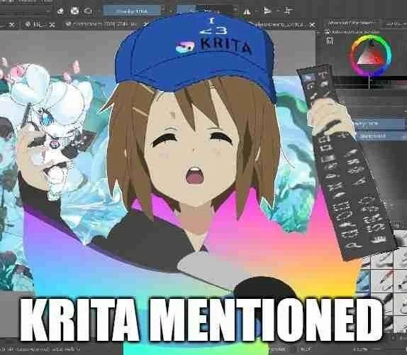Аниме-девушка в кепке Krita на фоне интерфейса редактора и надписи «KRITA MENTIONED»