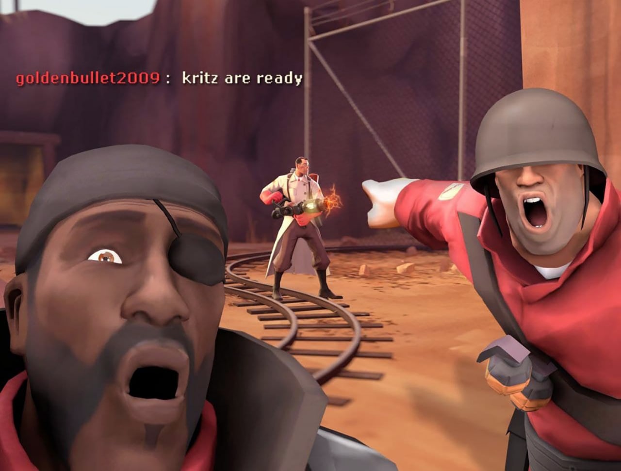 Kritz are ready Team Fortress 2 Мем со скриншотом из Team Fortress 2, где Солдат указывает, а Подрывник удивлен, с надписью Kritz are ready в чате