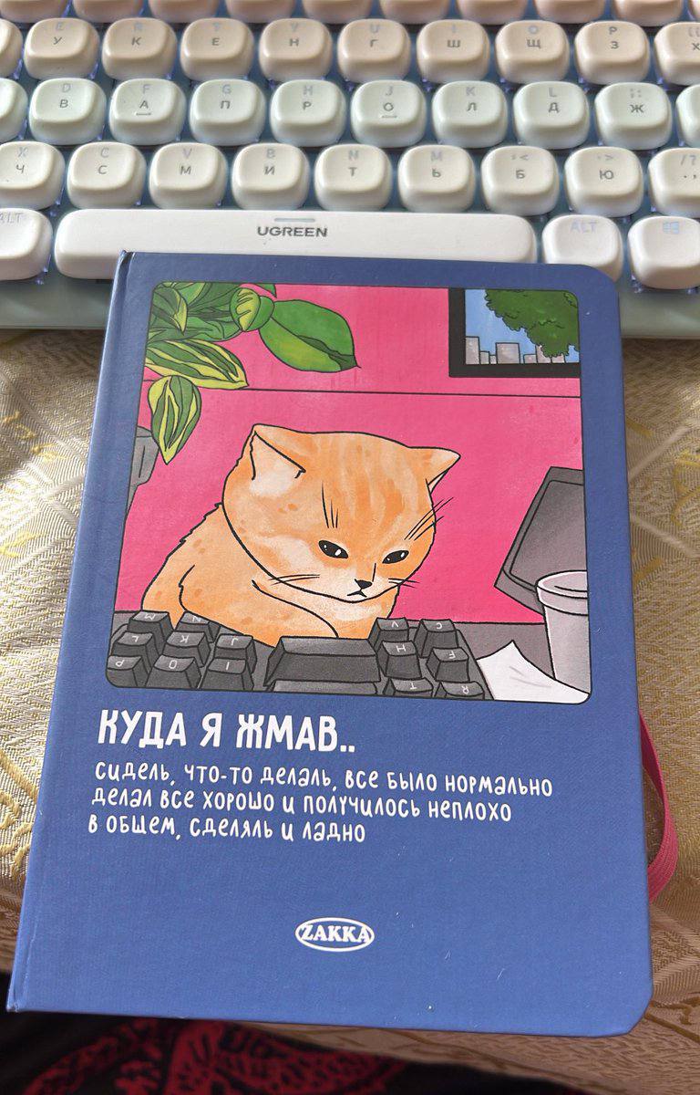 Куда я жмав Мем с котом, который что-то нажал на клавиатуре и сидит в недоумении. На обложке блокнота изображен рыжий кот, который сидит за клавиатурой и смотрит в сторону. Справа от кота стоит стакан с водой и лежит скомканная бумага. Слева от кота изображено зеленое растение в горшке. На фоне видна розовая стена, а за окном городские здания. Под котом нарисована черная клавиатура. Под картинкой текст: "Куда я жмав.. Сидел, что-то делал, все было нормально. Делал все хорошо и получилось неплохо в общем, сделал и ладно". Под блокнотом лежит светлая клавиатура UGREEN.