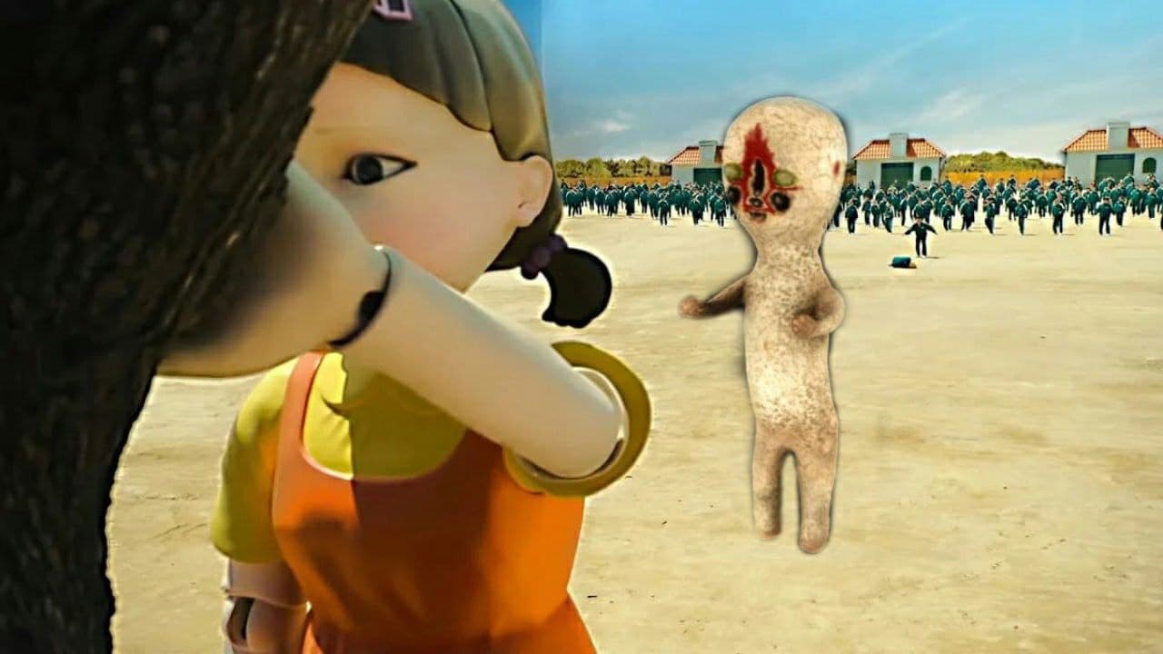 Кукла из игры в кальмара и scp-173 Кукла из игры в кальмара и scp-173 стоят на песчаной площадке во время игры в «Тише едешь — дальше будешь»
