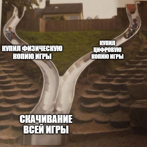 Купил физическую/цифровую копию игры Мем про то, что вне зависимости от способа покупки игры (физическая или цифровая), всегда нужно скачивать ее полностью.