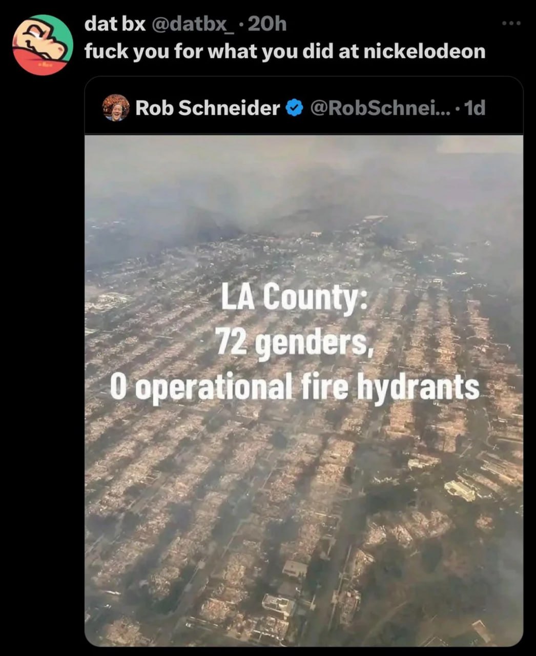 LA County: 72 genders, 0 operational fire hydrants Мем с твитом Роба Шнайдера об округе Лос-Анджелес: 72 гендера, 0 работающих пожарных гидрантов на фоне горящих домов.