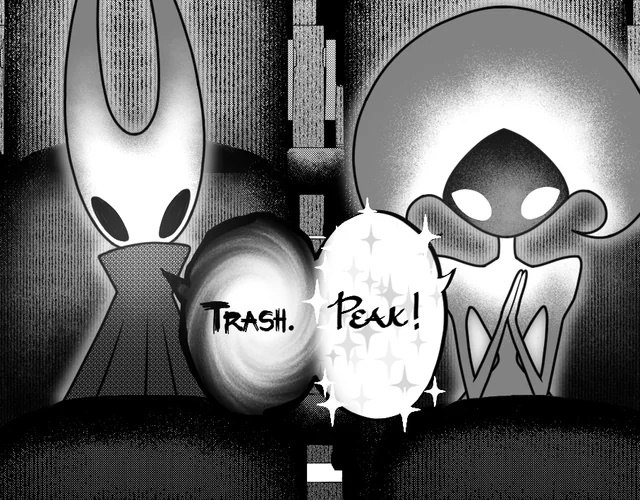 Lace и Hornet из Hollow Knight: Silksong выбирают между тёмной сферой «Trash.» и сияющей сферой «Peace!».