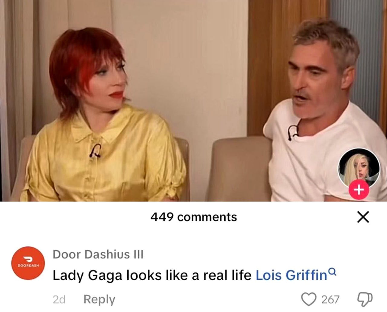Lady Gaga looks like a real life Lois Griffin Lady Gaga в образе Лоис Гриффин сидит на интервью с Хоакином Фениксом