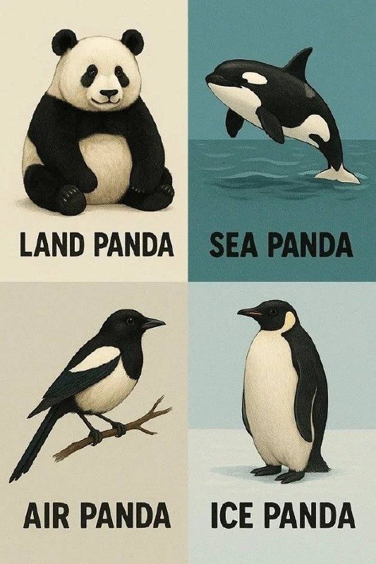 Land, sea, air, ice panda Сухопутная, морская, воздушная и ледяная панда
