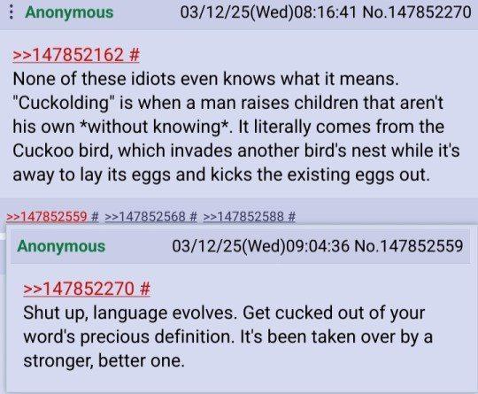 Язык развивается Скриншот обсуждения на 4chan, где пользователи спорят о значении слова "куколд" и эволюции языка.