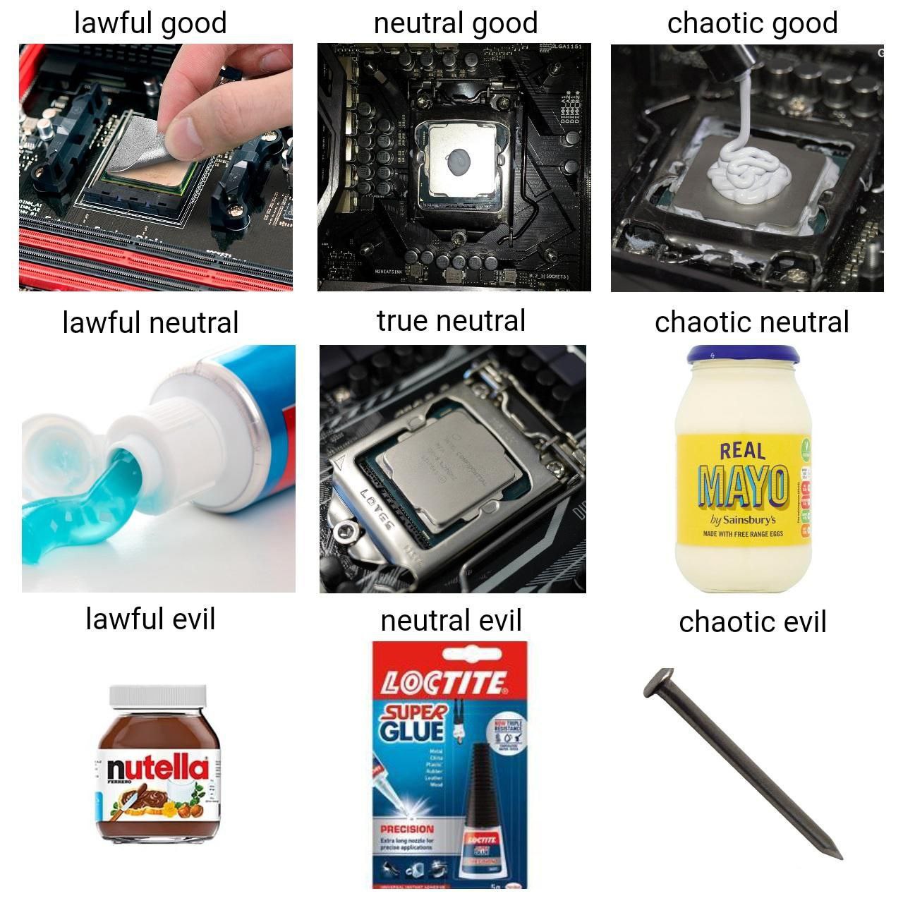 Lawful good, neutral good, chaotic good Мем, иллюстрирующий различные способы нанесения термопасты на процессор в соответствии с принципами мировоззрения D&D, от "правильно-доброго" до "хаотично-злого".