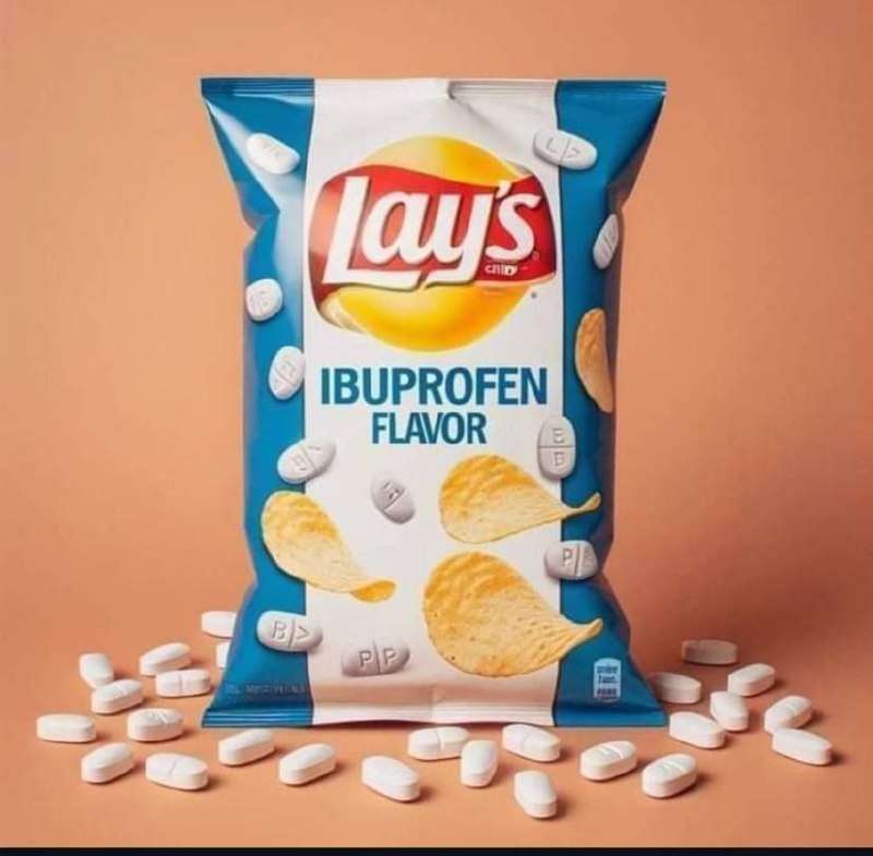 Lay's со вкусом ибупрофена Мем с пачкой чипсов Lay's, на которой указан вкус ибупрофена, и рядом с которой лежат таблетки