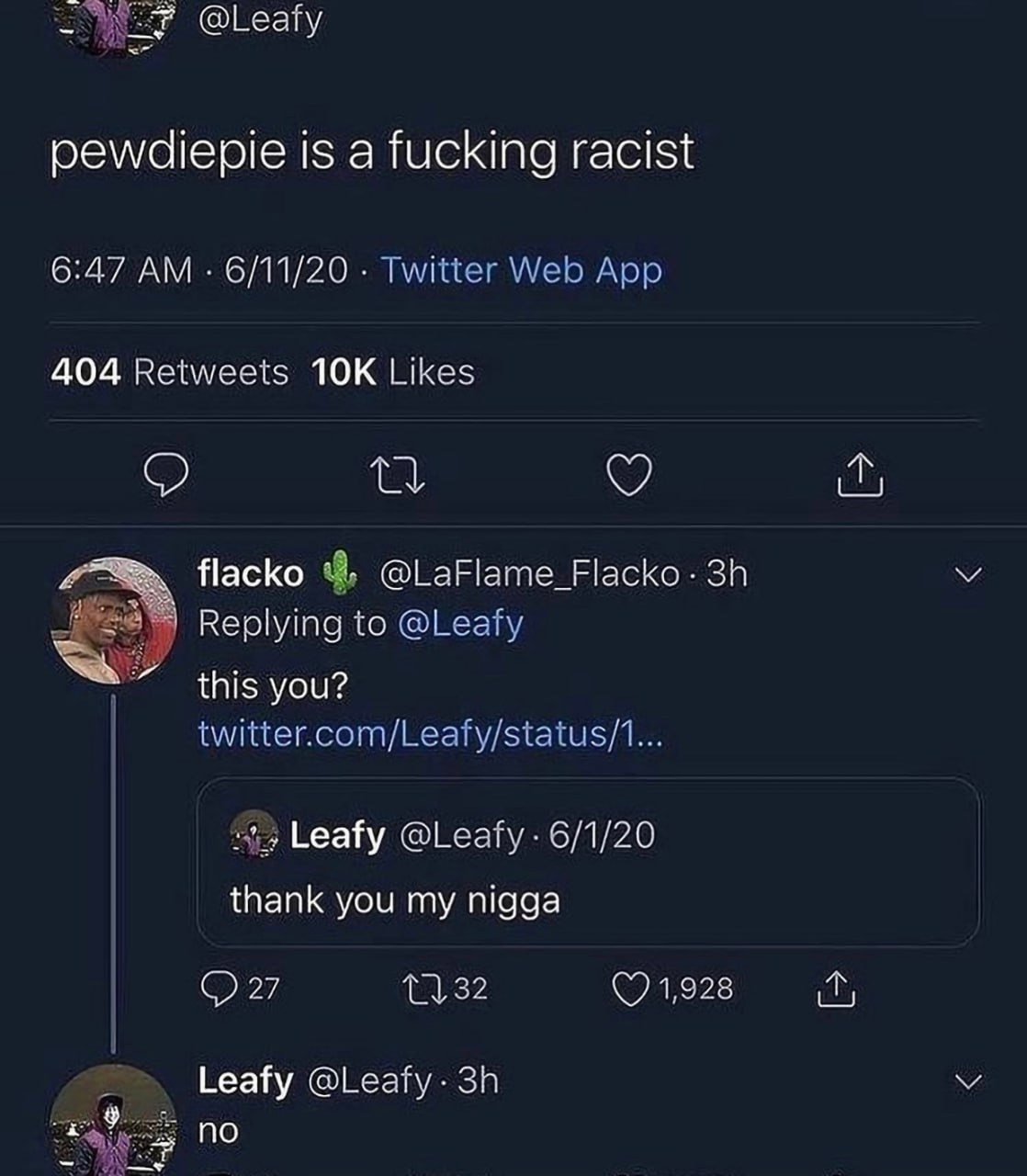Leafy называет PewDiePie расистом Мем с Leafy, который называет PewDiePie расистом, а затем отрицает свои же расистские высказывания.