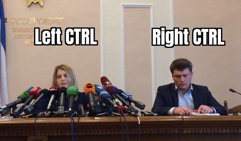 Left CTRL Right CTRL Мем с женщиной, заваленной микрофонами, и мужчиной, сидящим отдельно, с подписями Left CTRL и Right CTRL.