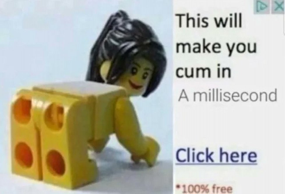 Женщина Lego на четвереньках Мем с фигуркой Lego на четвереньках и рекламным объявлением с провокационным текстом