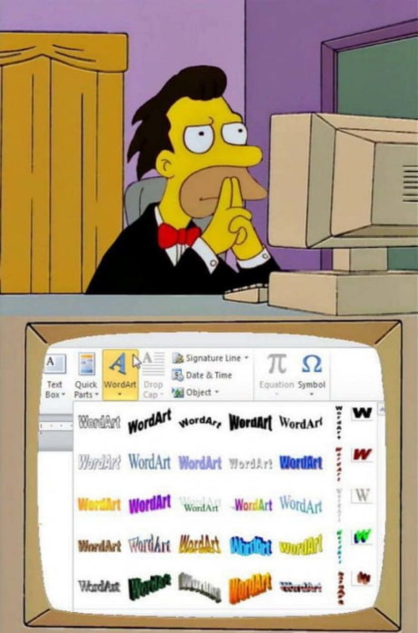 Ленни выбирает WordArt Ленни Леонард из Симпсонов сидит за компьютером и внимательно рассматривает различные стили WordArt в Microsoft Word. На его лице задумчивое выражение, как будто он делает очень важный выбор.