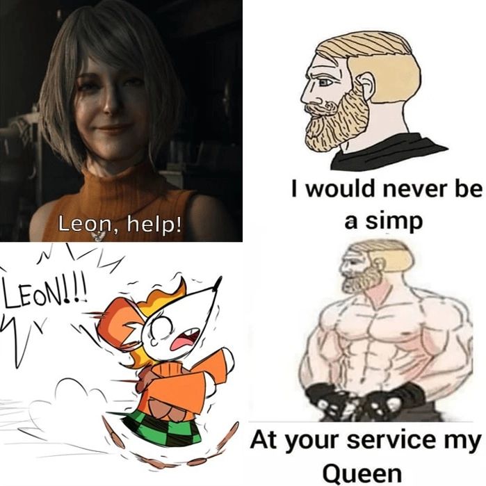 Leon, help! At your service my queen Мем про Эшли Грэхем и Леона Кеннеди из «Resident Evil 4»
