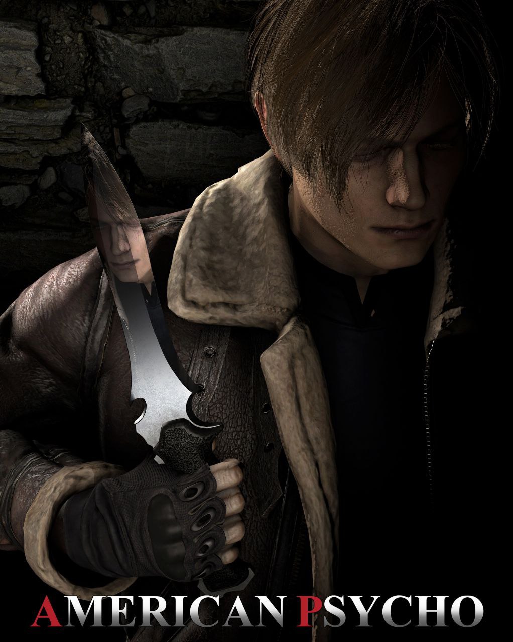 Леон Кеннеди Американский психопат Мем с Леоном Кеннеди из Resident Evil, стилизованный под постер фильма "Американский психопат", где Леону в отражении ножа видно его самого с улыбкой.