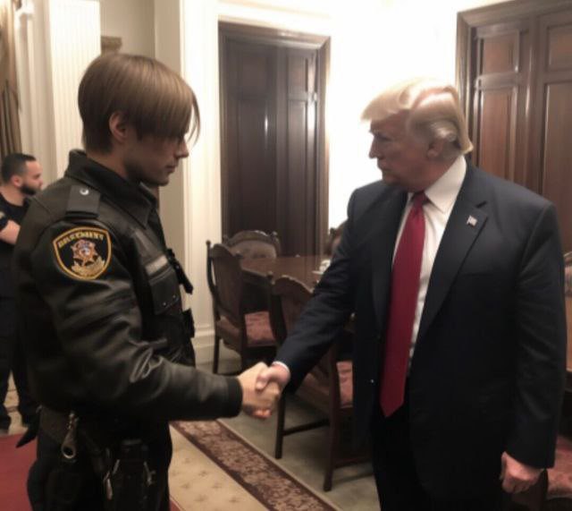 Леон Кеннеди и Дональд Трамп пожимают руки Леон Кеннеди и Дональд Трамп пожимают руки на официальной встрече