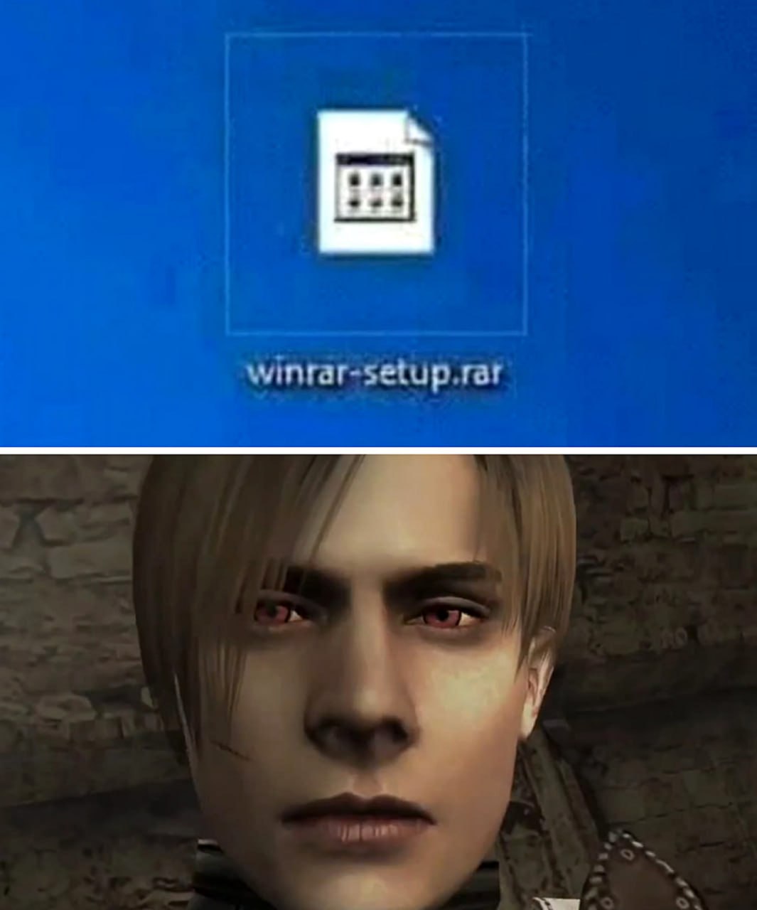 Леон Кеннеди и winrar-setup.rar Леон Кеннеди из Resident Evil 4 смотрит на файл "winrar-setup.rar" с красными глазами.