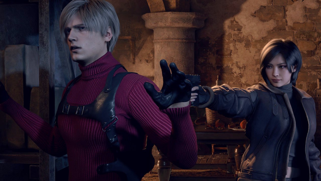 Леон Скотт Кеннеди и Ада Вонг Леон Скотт Кеннеди и Ада Вонг из Resident Evil 4, Ада направляет пистолет в спину Леону.