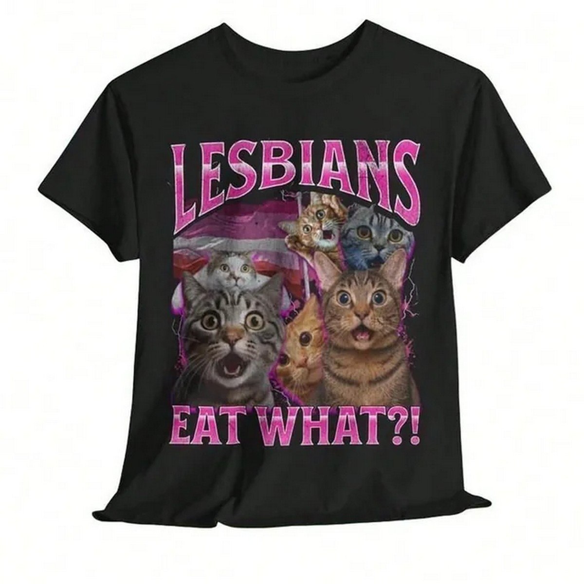Кошки с надписью Lesbians eat what Футболка с кошками и надписью «Лесбиянки едят что?!»