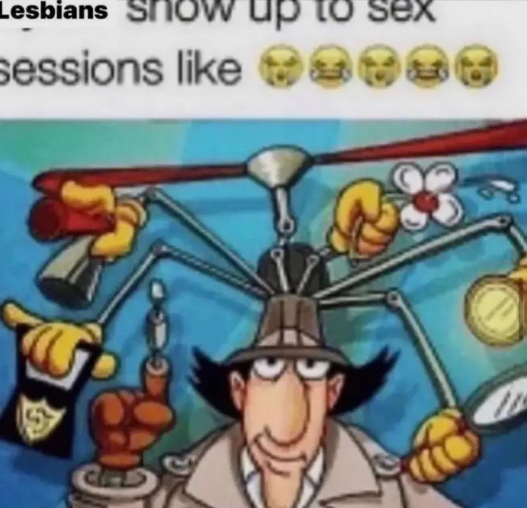 Lesbians show up to sex sessions like Мем с Инспектором Гаджетом, который демонстрирует свои многочисленные приспособления, с подписью о том, как лесбиянки приходят на секс-сессии.