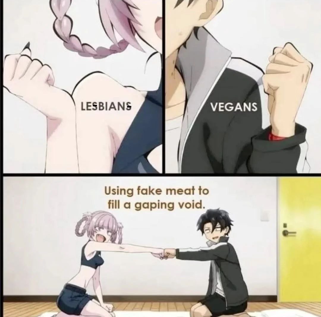 Мем про лесбиянок и веганов, использующих искусственное мясо, чтобы заполнить зияющую пустоту