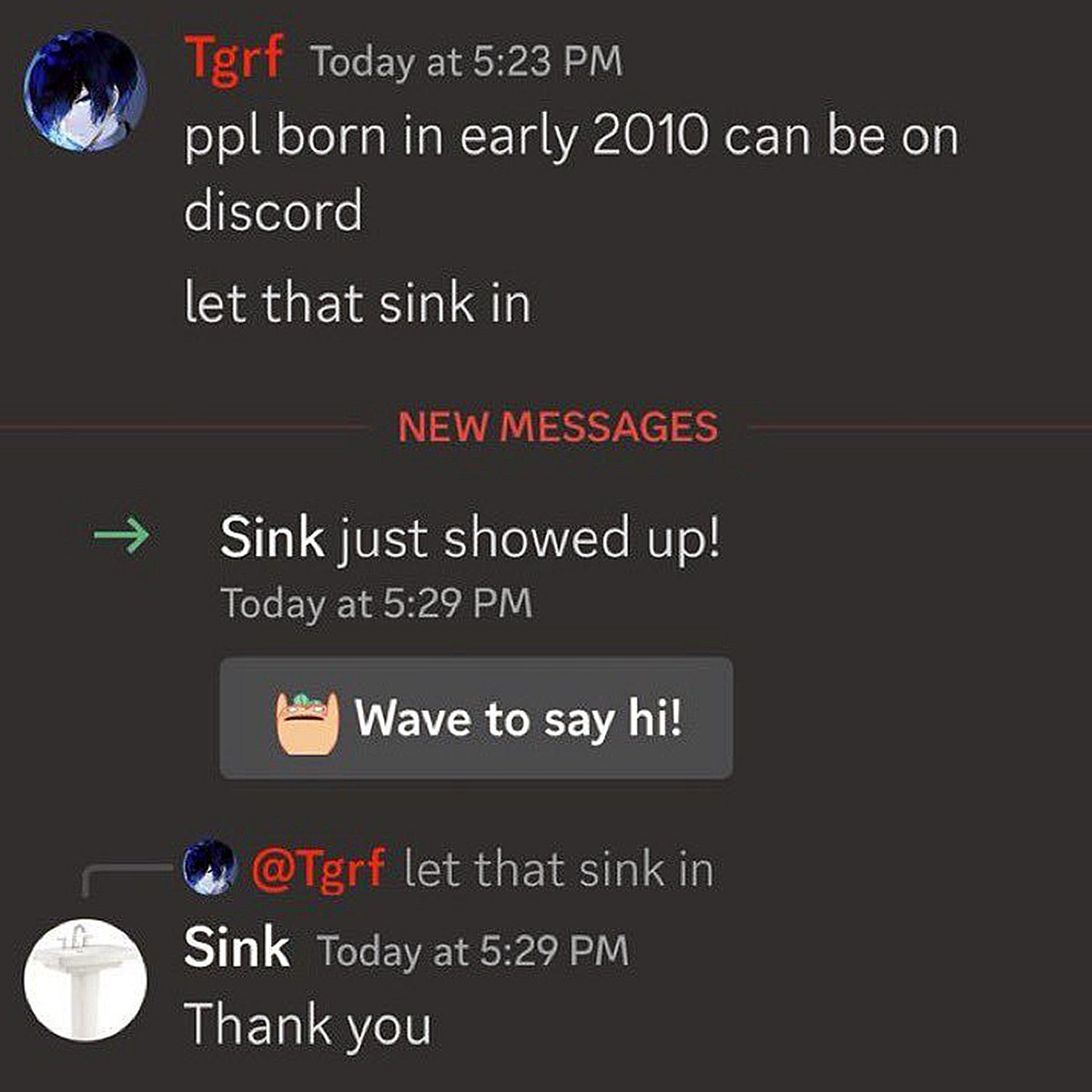 Let that sink in Скриншот переписки в Discord, где пользователь отправляет изображение раковины в ответ на фразу "let that sink in".