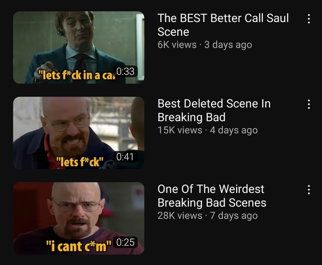Lets f*ck i cant c*m Мем со скриншотом YouTube, на котором Солу Гудману предлагают "lets f*ck in a car", а Уолтер Уайт сначала кричит "lets f*ck", а затем произносит "i cant c*m".