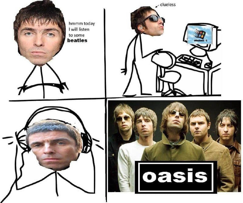 Лиам Галлахер слушает Oasis вместо The Beatles Лиам Галлахер собирается послушать The Beatles, но в итоге слушает свою группу Oasis.