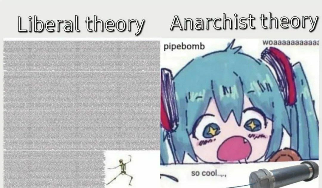 Сравнение «Liberal theory» и «Anarchist theory»: слева пустой серый фон со скелетом, справа аниме-девочка со звёздочками в глазах и подписью «pipebomb».