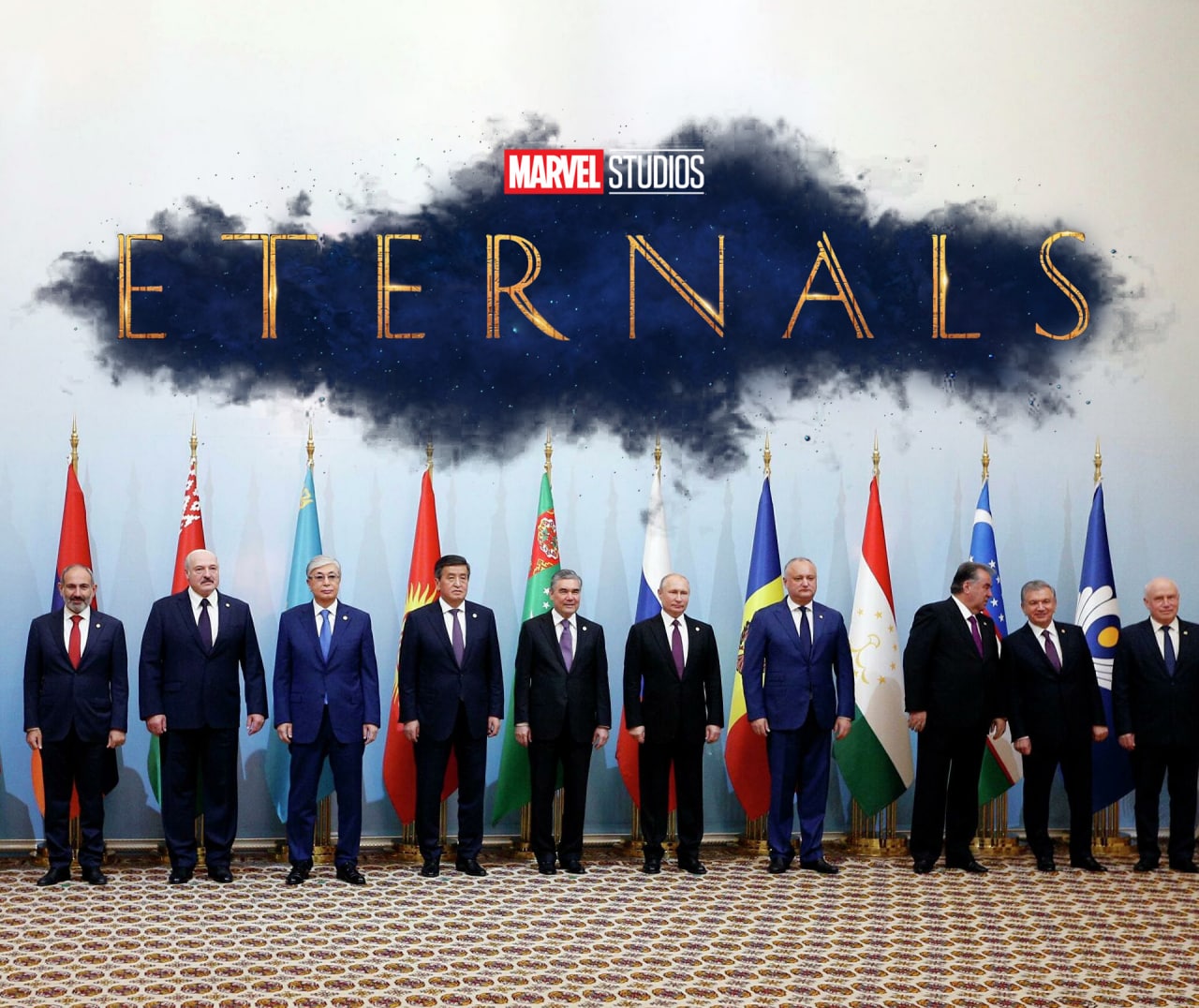 Лидеры СНГ Вечные Marvel Лидеры стран СНГ, стилизованные под постер фильма "Вечные" от Marvel Studios.