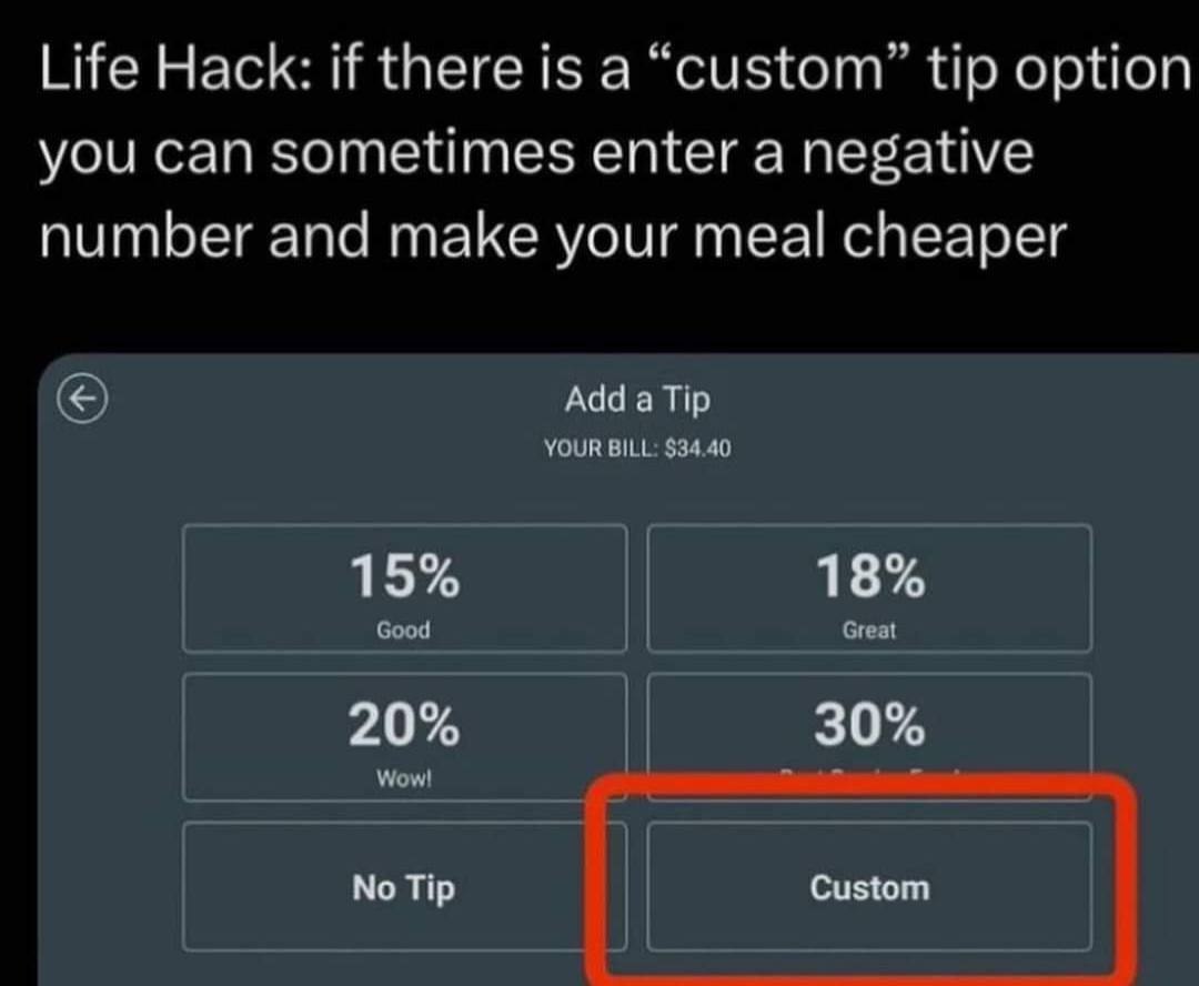 Life Hack: custom tip option Лайфхак с отрицательными чаевыми для оплаты еды