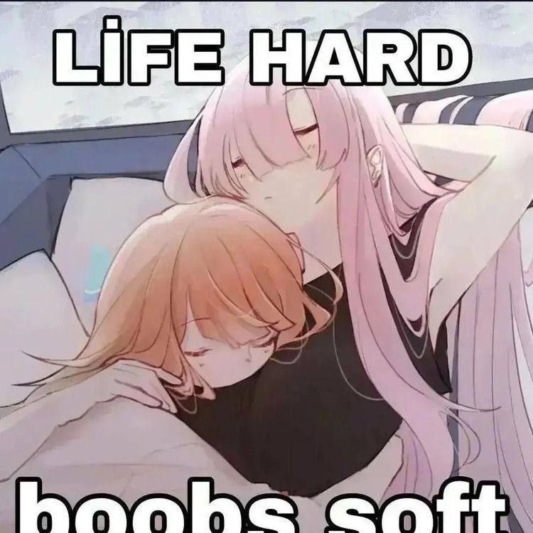 Аниме-девушки в объятиях с надписью «Life hard boobs soft» — жизнь тяжелая, грудь мягкая