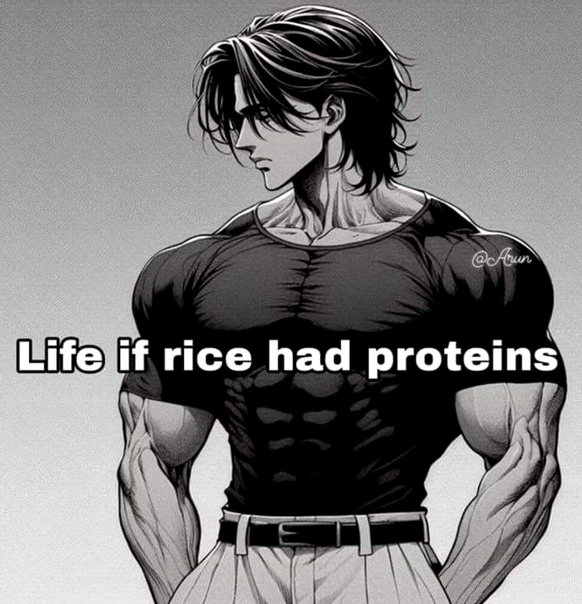 Life if rice had proteins Жизнь, если бы в рисе был белок, на черно-белой картинке с мускулистым мужчиной.