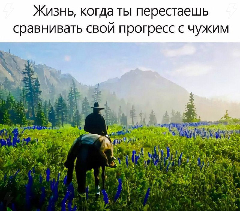 Жизнь, когда ты перестаешь сравнивать свой прогресс с чужим Всадник на лошади едет по цветочному полю среди гор