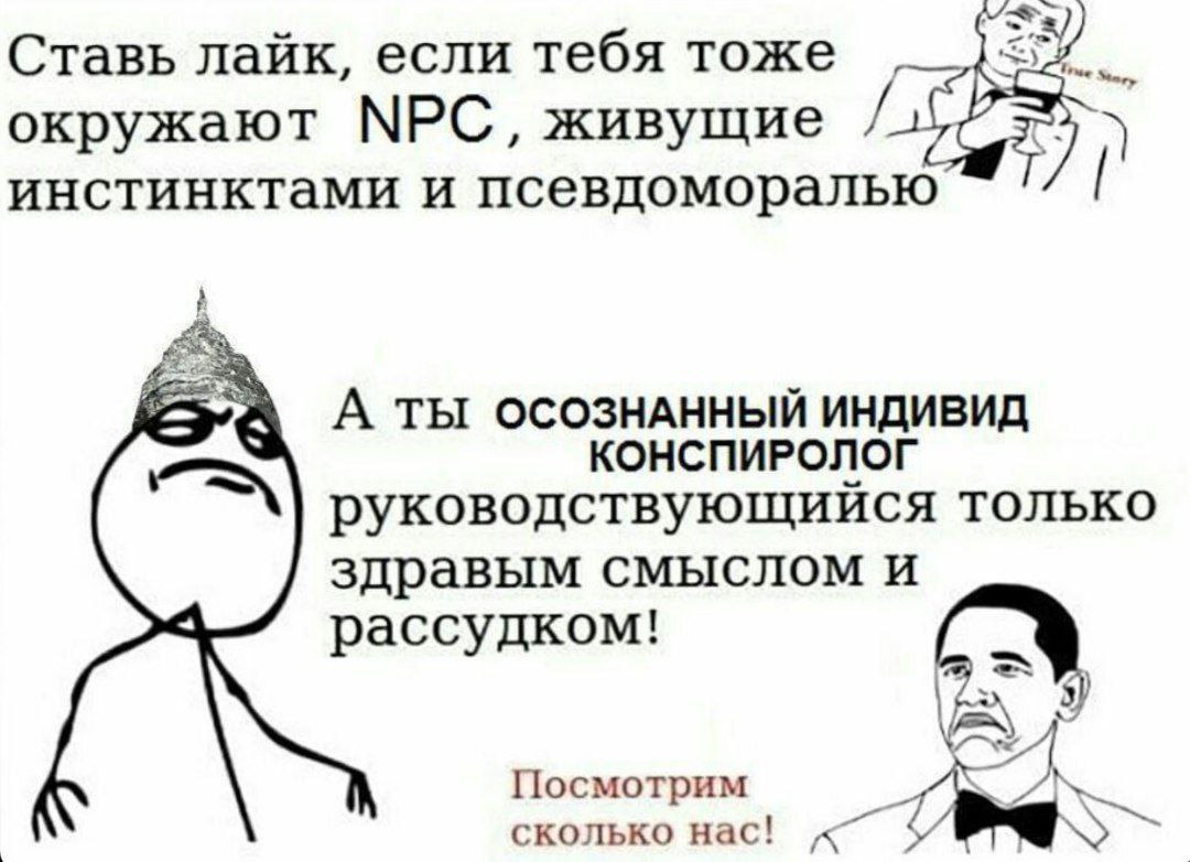 Ставь лайк, если тебя тоже окружают NPC, а ты осознанный индивид конспиролог Поставь лайк, если тебя окружают NPC, а ты осознанный конспиролог