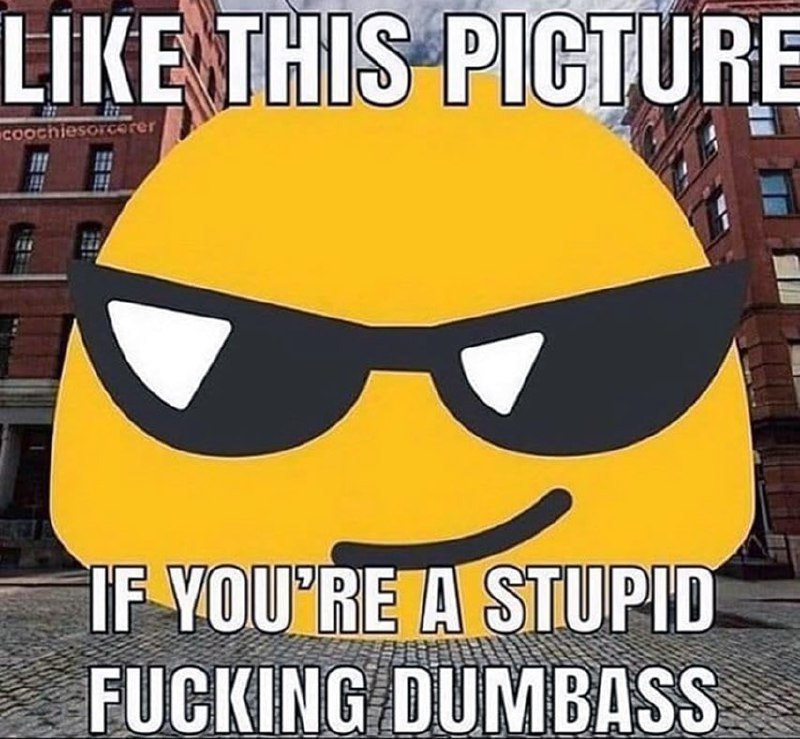 Like this picture if you're a stupid fucking dumbass Мем с эмодзи в темных очках и надписью «лайкни эту картинку, если ты тупой долбаеб» на фоне городских зданий.